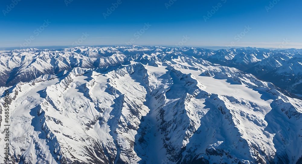 Fototapeta premium Aerial View of Snow-Covered Mountain Ranges Under a Clear Blue Sky