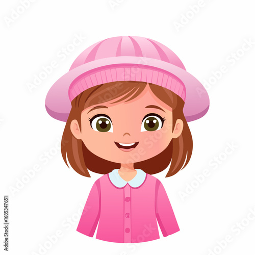 Cute cartoon character of a young girl wearing a pink jacket and hat.