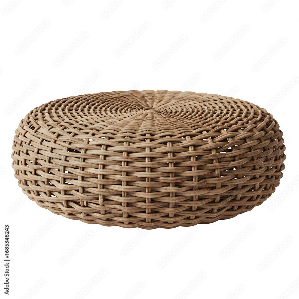Fototapeta premium Wicker pouf ottoman, round woven seat on a white background, PNG format.