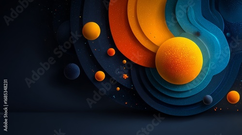  Abstract layered circles, warm orange and cool blue, with floating spheres for a dynamic concept