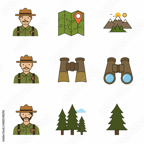 Collection of outdoor adventure and park ranger icons, featuring maps, mountains, binoculars, and pine trees on a white background.