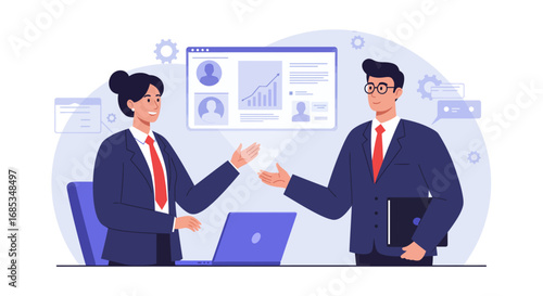 Two business colleagues in formal suits discussing a project, analyzing data charts and graphs on a screen.