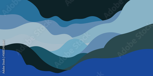 Abstract, modern landscape pattern featuring layered, flowing shapes like rolling mountains or waves. A serene and calming design in a cool color palette of blues and grays.