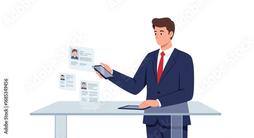 Businessman reviewing digital resumes on a transparent table.