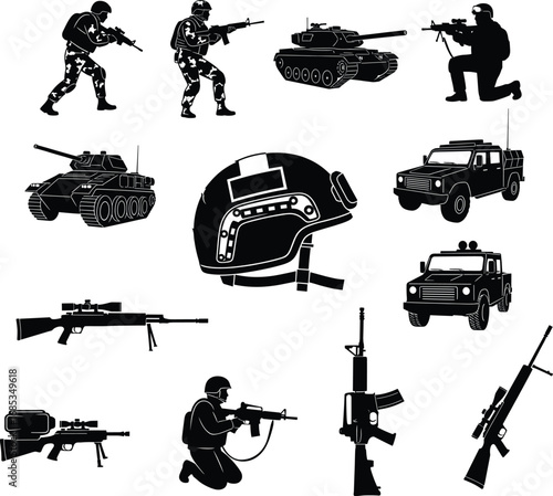 Military soldiers with weapons, tanks, armored vehicles, tactical helmet, and rifles in combat gear, warfare, defense, and tactical operations illustration