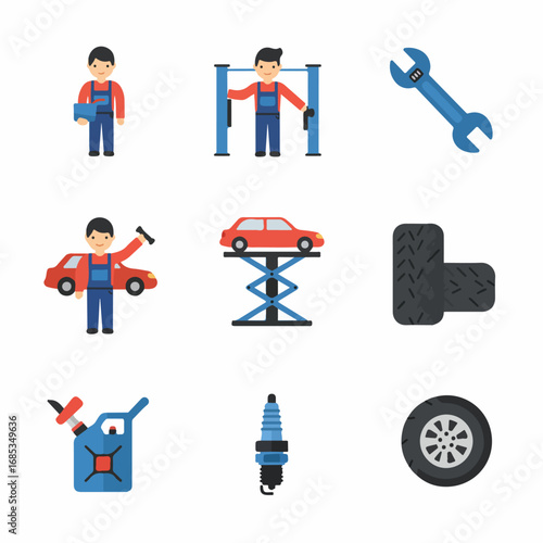 Automotive Service and Car Repair Flat Design Icons Set with Mechanics, Tools, and Vehicle Parts
