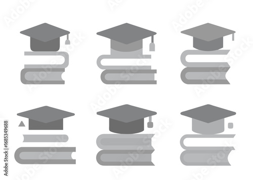 Collection of Education and Graduation Symbols Represented by Books and Mortarboards