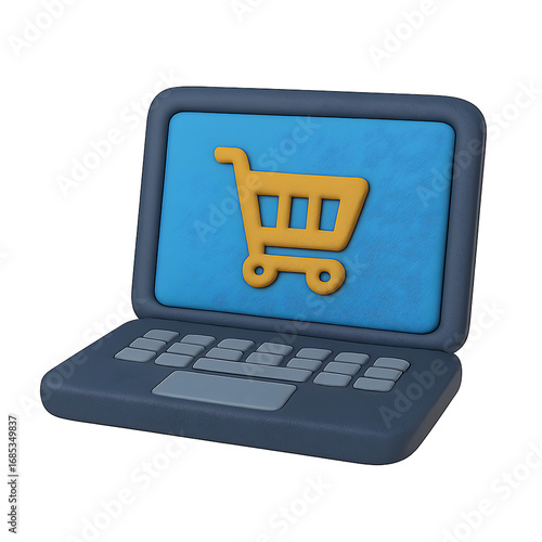D Online Shopping Icon – Laptop with Ecommerce Cart Symbol