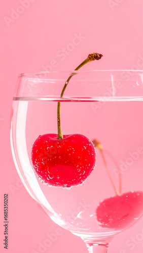 Red cherry in a glass of water, pink background