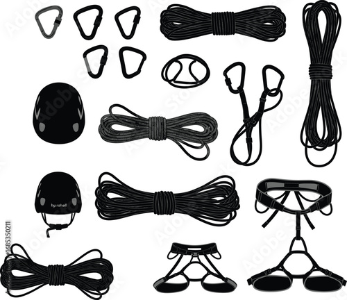 Rock climbing gear icons including ropes, carabiners, harnesses, helmets, and belay devices for mountaineering, adventure sports, and safety