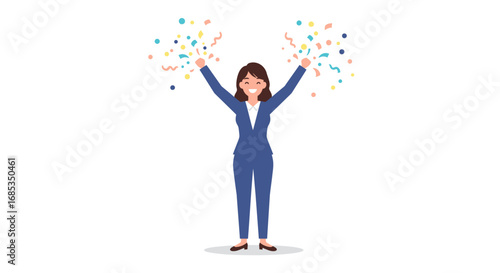 A joyful businesswoman celebrating success by throwing colorful confetti into the air.