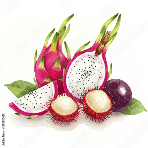 Vibrant watercolor arrangement of exotic tropical fruits including dragon fruit rambutan and passion fruit