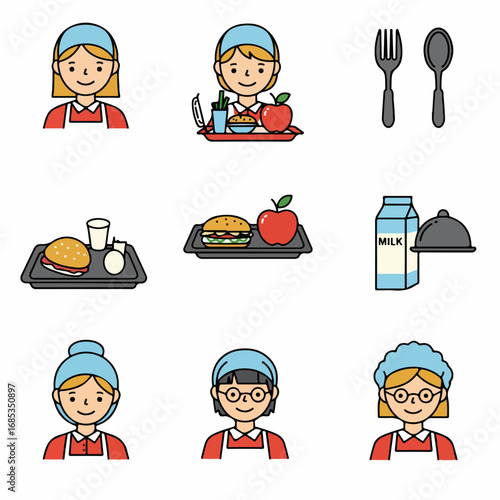 Colorful cafeteria and school lunch icons, including food service staff, meal trays with burgers, apples, milk, and essential utensils.