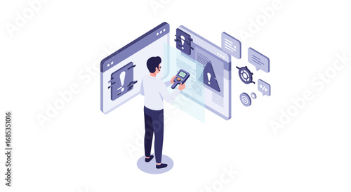 A person interacts with a digital interface, managing data and alerts displayed on virtual screens, showcasing technological engagement.