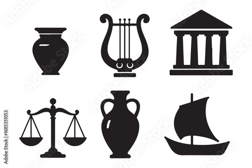 Ancient greek mythology symbols collection featuring zeus's lightning bolt pegasus and greek temple on white background    