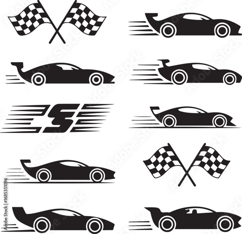 Dynamic racing car and checkered flag silhouette icons sports car speed