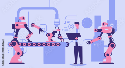 A male engineer supervises an automated factory production line where robotic arms are assembling products on a conveyor belt.