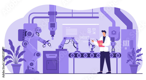 An engineer supervises automated robotic arms working on a conveyor belt in a modern smart factory.