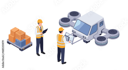 Two workers in safety gear handling packages and a futuristic drone delivery vehicle.