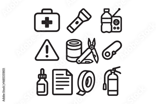Essential survival gear: flashlight, radio, knife, compass, first aid kit, rope, canned food icons