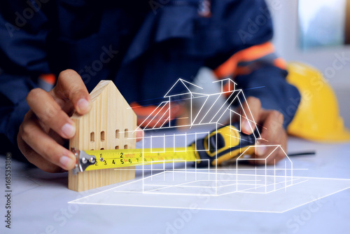 Fotografi construction evaluation concept house design engineer using a tape to measure th