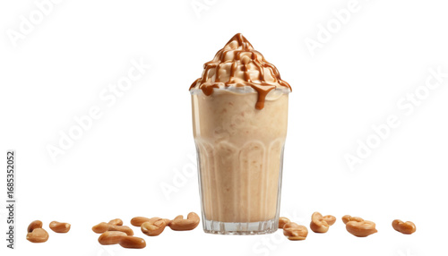 Sweet Caramel Smoothie: A mouthwatering caramel smoothie, garnished with peanuts and a swirl of caramel, sits gracefully in a clear glass.