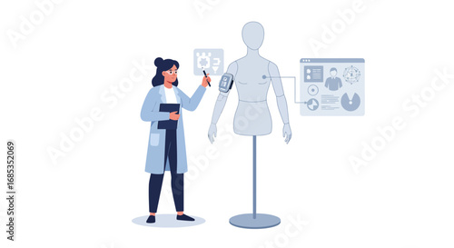 Female scientist analyzing a 3D anatomical model using digital data.