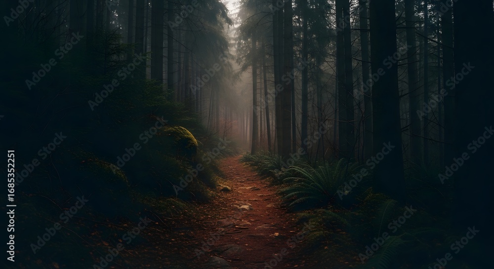 Fototapeta premium Dimly lit forest path with tall, dark trees and a winding trail covered in fallen leaves, evoking a sense of mystery and solitude