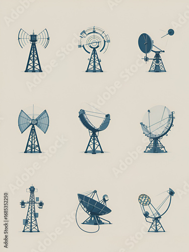 Wireless satellite technology set. Antenna, satelite and satellite dish icons. Vector illustration.