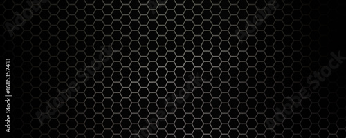 Hexagon honeycomb pattern, black metal texture, geometric grid with hexagonal holes background. Perforated dark sheet, tech nanomaterial surface, web design BG, digital interface. Vector illustration