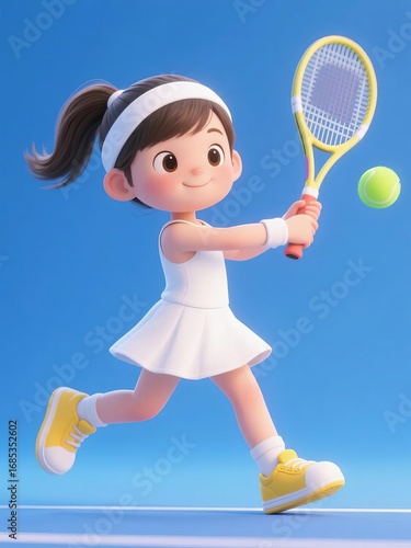 Animated character playing tennis with a vibrant yellow racket and ball against a blue background