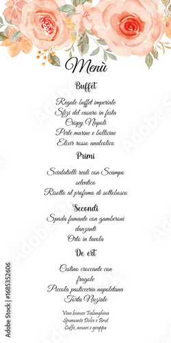 Menù matrimonio a tema floreale color pesca, preimpostato e completamente modificabile, menu adatto per matrimoni o battesimi 