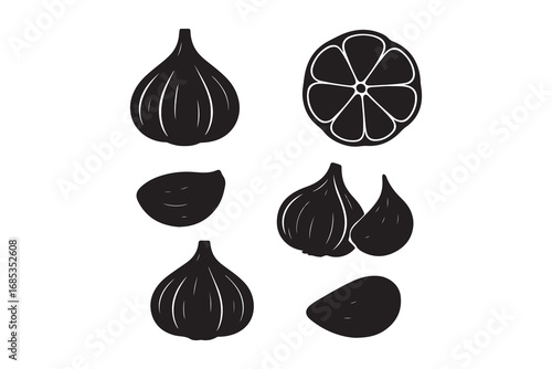 Garlic set head of garlic cloves peeled and husked silhouette vector illustrati