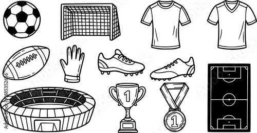Vector football illustration set with soccer ball, goal, jersey, boots, gloves, trophy, stadium, medal, and field. Perfect for t-shirts, posters, stickers, sports graphics, and merchandise