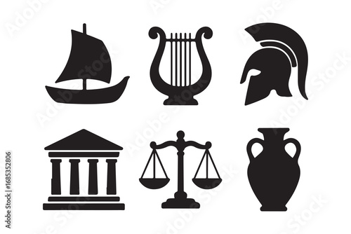 Ancient greek mythology symbols collection featuring zeus's lightning bolt pegasus and greek temple on white background    