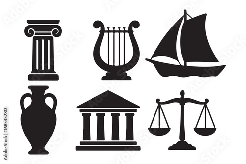 Ancient greek mythology symbols collection featuring zeus's lightning bolt pegasus and greek temple on white background    