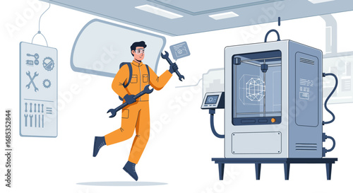 Technician repairs 3D printer in a modern workshop, holding tools.