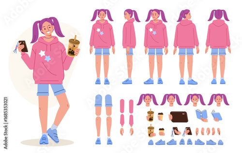 Teenage girl, blogger wearing korean hoodie and drinking bubble tea. Character constructor for animation. Front, side and back view set. Body parts, postures, poses collection. Vector illustration.