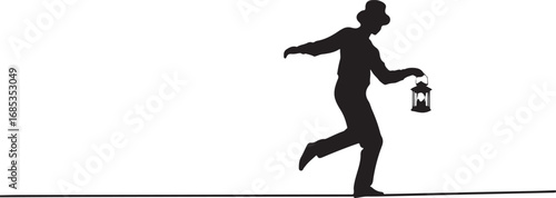 Silhouette of a person in a hat walking on a tightrope holding a lantern woman tightrope walker