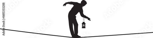 Silhouette of a person balancing on a tightrope holding a lantern tightrope walker