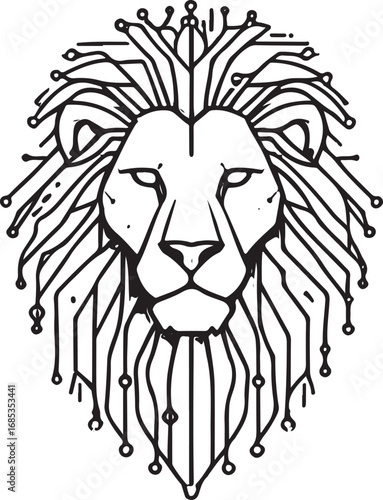 Stylized black and white lion head with circuit board mane technology abstract