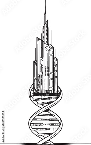 Stylized skyscraper structure emerging from a D N A double helix illustration building architecture