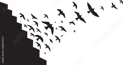 Black silhouette of birds flying away from a dark staircase flock