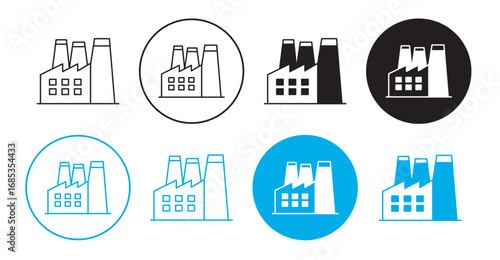 Vector illustration of factory icons in thin line style. Editable outline industrial and manufacturing plant symbols for production, industry, and engineering projects
