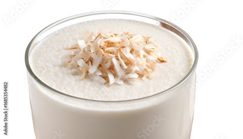 Coconut Drink Delight: A refreshing coconut drink with a sprinkling of toasted coconut flakes, inviting a taste of tropical refreshment.