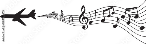 Black silhouette of an airplane trailing musical notes and staff lines aircraft travel