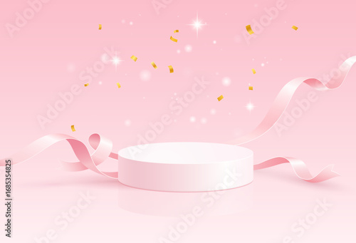 Elegant white round podium with fluttering blue silk ribbons on light pink background with golden confetti and stars. The platform is decorated with graceful hovering streamers and shimmering particle