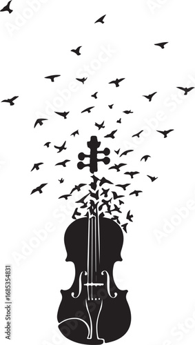 Black silhouette of a violin with flock of birds flying upwards from it vector