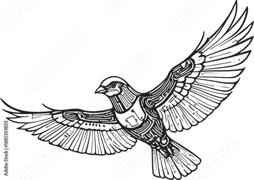Black ink illustration of a bird with intricate mechanical details in flight wings