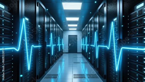 Data Center Interior with Neon Heartbeat Technology and Innovation